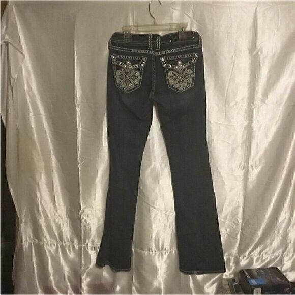 LA Idol Dark Wash Rhinestone Pocket Boot cut Jeans 7 - Picture 9 of 13